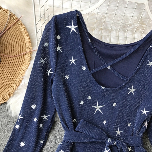 Rochie casual de dama in albastru si maneci lungi