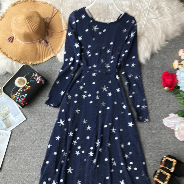 Rochie casual de dama in albastru si maneci lungi