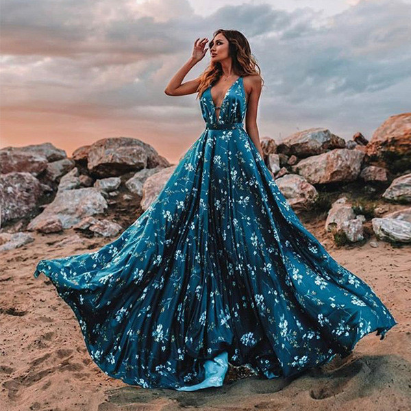 Rochie lungă de damă model NOU cu decolteu adânc în albastru