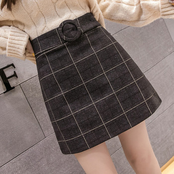 Fusta dama in carouri cu curea in gri si negru