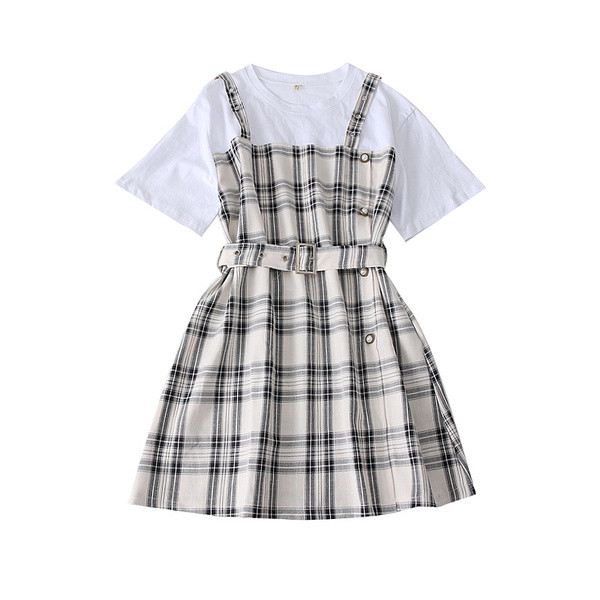 Női kockás ruha fehér és fekete színben, rövid ujjal