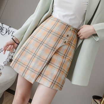 Kockás női szoknya három színben, magas derékkal, gombokkal