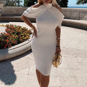 Elegáns női ruha magas gallérral, fehér színben