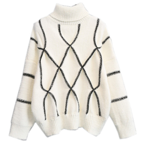 Női téli pulóver magas pólógallérral, fehér és fekete színben