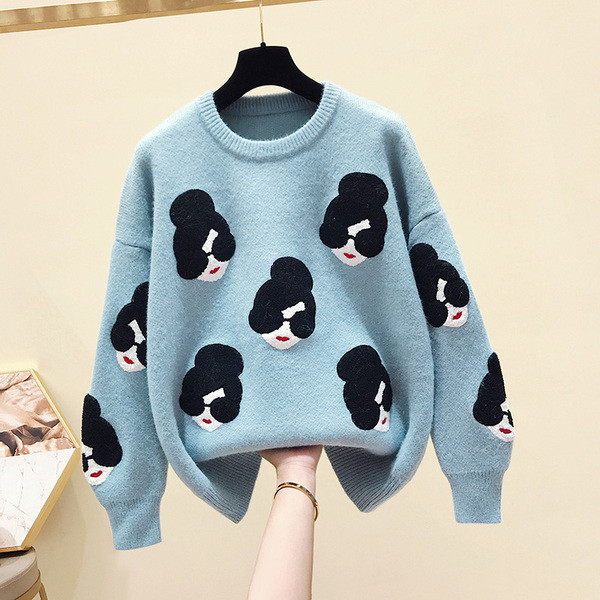 Pulover de iarnă de damă elegant, cu guler în formă de O și broderie