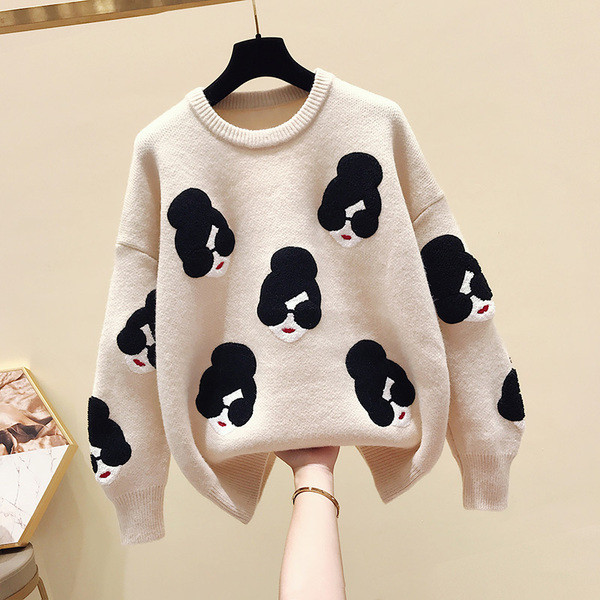 Pulover de iarnă de damă elegant, cu guler în formă de O și broderie