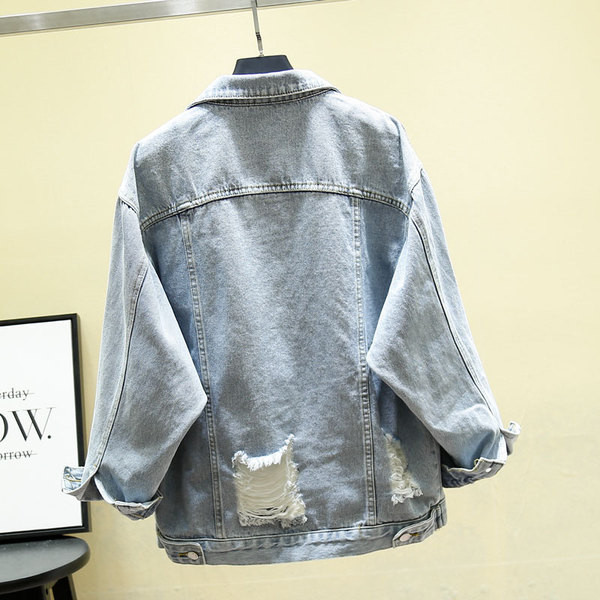 Geaca de dama din denim de culoare deschisa cu motive rupte