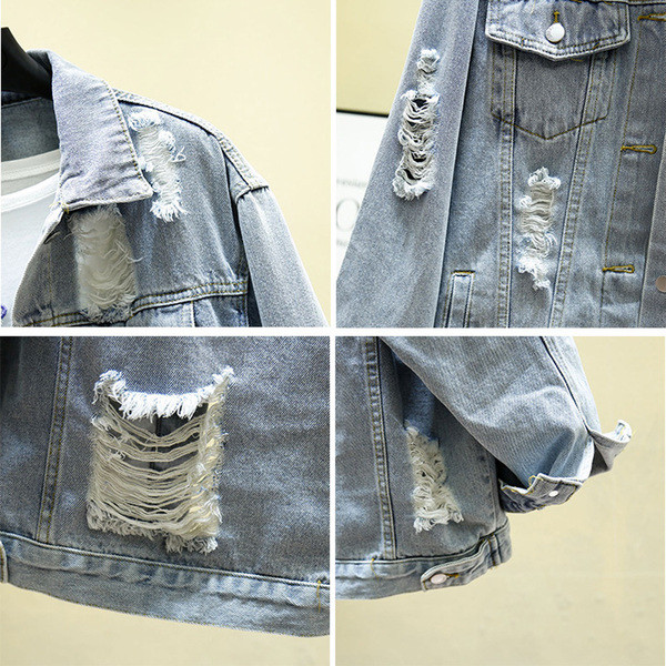 Geaca de dama din denim de culoare deschisa cu motive rupte