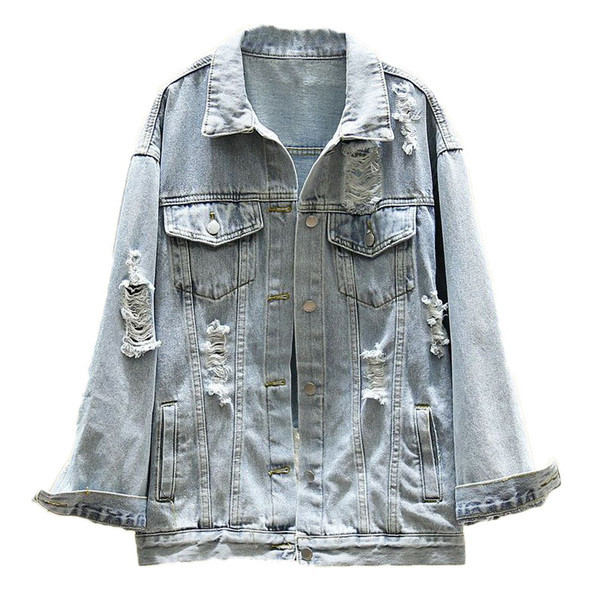 Geaca de dama din denim de culoare deschisa cu motive rupte