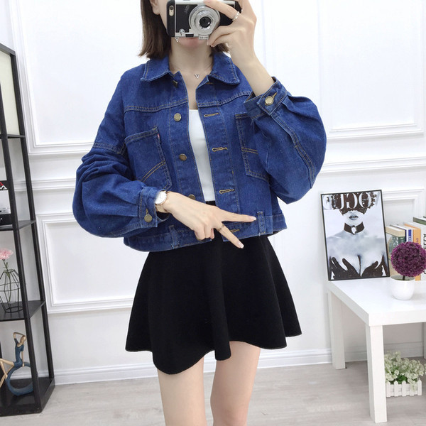 Női farmerdzseki, széles ujjú kék színben