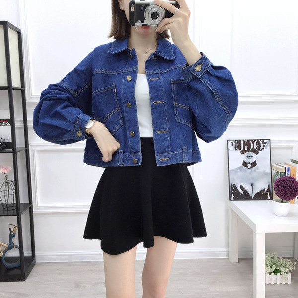 Női farmerdzseki, széles ujjú kék színben