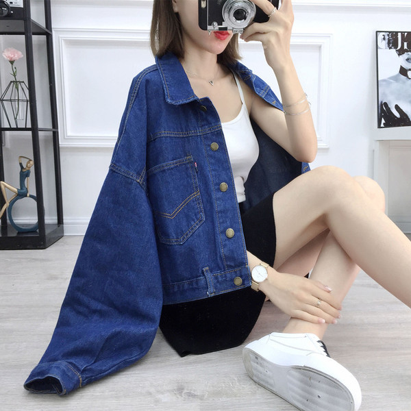 Női farmerdzseki, széles ujjú kék színben