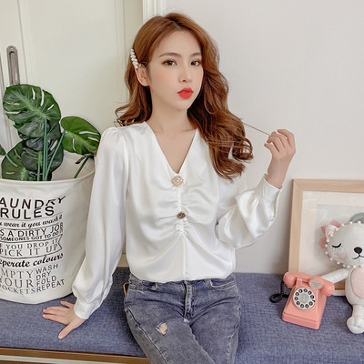 Modern női blúz V-alakú fehér és piros színben