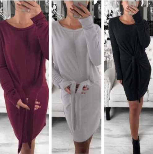 Rochie casual de dama cu maneci lungi si cravate in trei culori