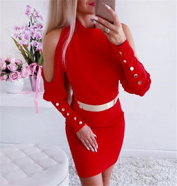 Modern női ruha csupasz vállakkal, piros színben