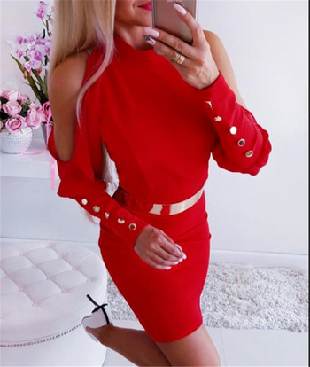 Modern női ruha csupasz vállakkal, piros színben