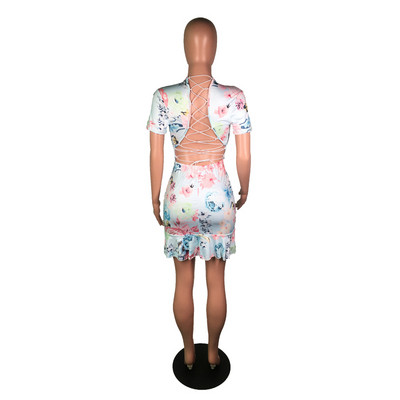 Modern női ruha hátul nyakkendővel, virágmintával több színben