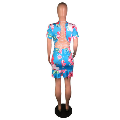 Modern női ruha hátul nyakkendővel, virágmintával több színben