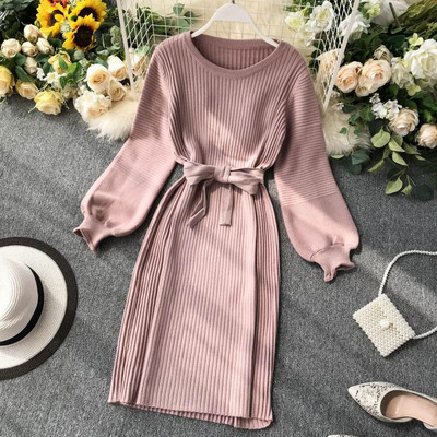 Rochie de dama de toamna cu maneci lungi si cravate in talie in mai multe culori