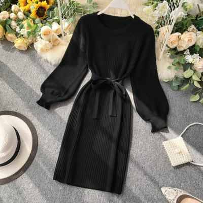 Rochie de dama de toamna cu maneci lungi si cravate in talie in mai multe culori