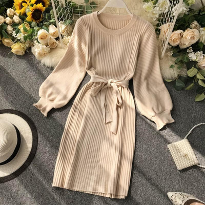 Rochie de dama de toamna cu maneci lungi si cravate in talie in mai multe culori