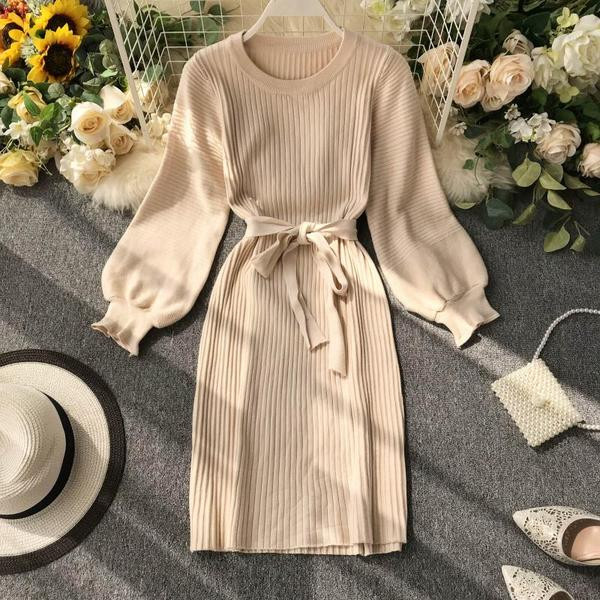 Rochie de dama de toamna cu maneci lungi si cravate in talie in mai multe culori