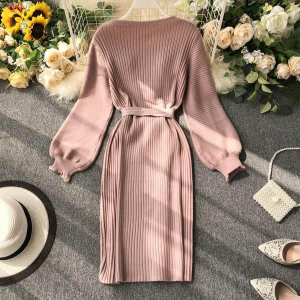 Rochie de dama de toamna cu maneci lungi si cravate in talie in mai multe culori