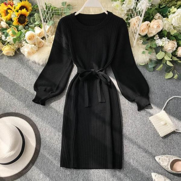 Rochie de dama de toamna cu maneci lungi si cravate in talie in mai multe culori