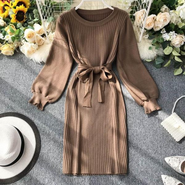 Rochie de dama de toamna cu maneci lungi si cravate in talie in mai multe culori