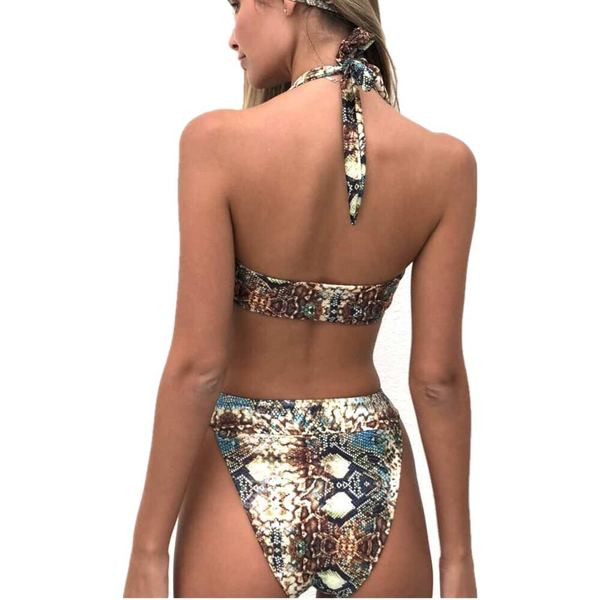 Costum de baie modern cu model animal și pantaloni cu talie înaltă