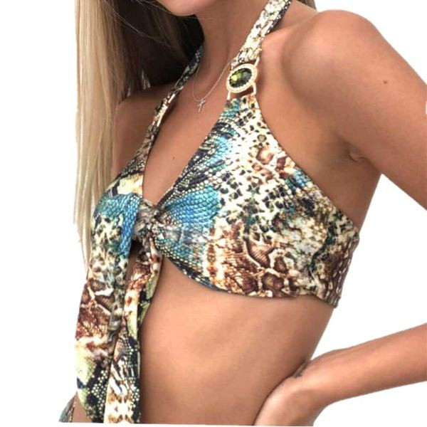 Costum de baie modern cu model animal și pantaloni cu talie înaltă