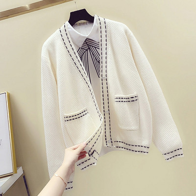 Vesta casual de dama cu buzunare si decolteu in V in alb si negru