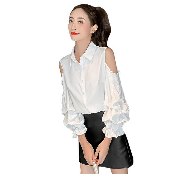 Cămașă modernă de damă în două culori cu nasturi și umerii goi