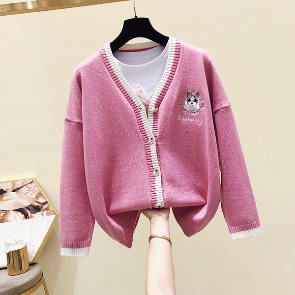 Női alkalmi kardigán fehér, rózsaszín és kék hímzéssel