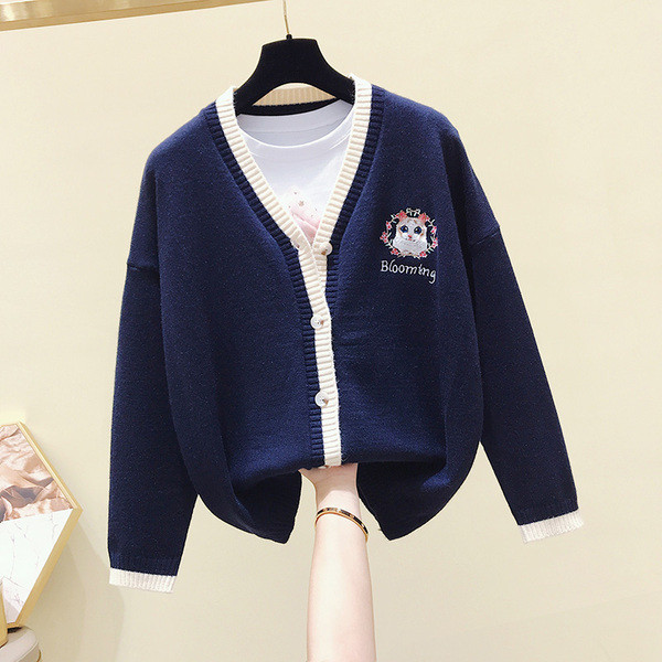 Női alkalmi kardigán fehér, rózsaszín és kék hímzéssel