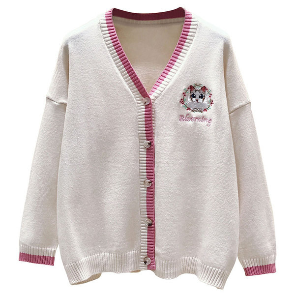 Női alkalmi kardigán fehér, rózsaszín és kék hímzéssel