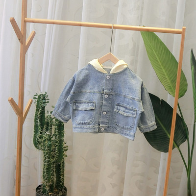 Modern gyerek farmer dzseki kapucnival, gombokkal és zsebekkel fiúknak