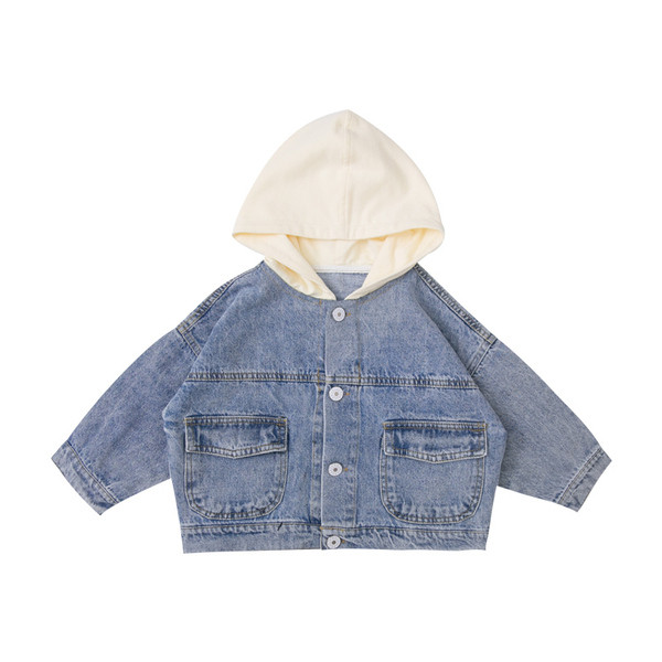 Modern gyerek farmer dzseki kapucnival, gombokkal és zsebekkel fiúknak