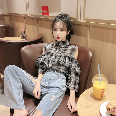 Cămașă de damă în carouri cu umerii goi - în negru și roz