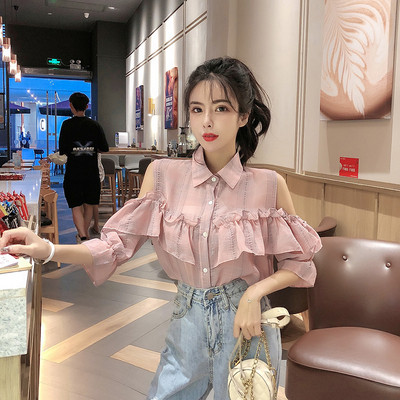 Cămașă de damă în carouri cu umerii goi - în negru și roz