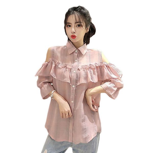 Cămașă de damă în carouri cu umerii goi - în negru și roz