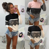 Bluză casual de damă cu dantelă în alb și roz