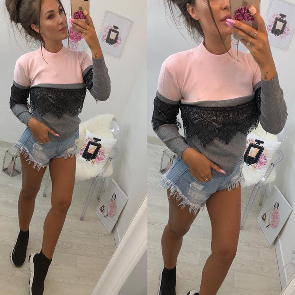 Bluză casual de damă cu dantelă în alb și roz