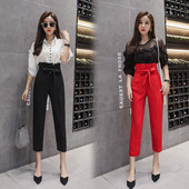 Модерен дамски панталон в червен и черен цвят с висока талия