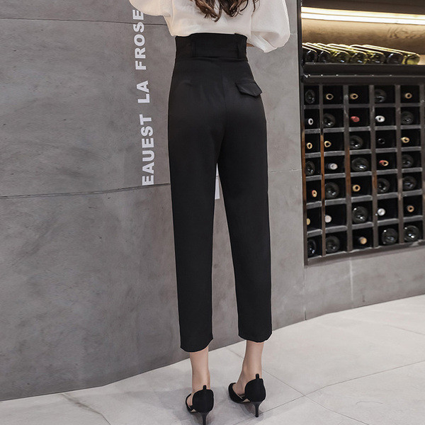 Модерен дамски панталон в червен и черен цвят с висока талия