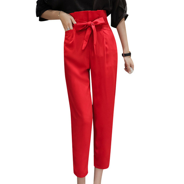 Модерен дамски панталон в червен и черен цвят с висока талия