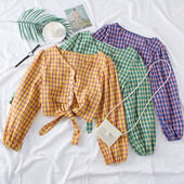 Új modell kockás női blúz, nyakkendővel és gombbal több színben