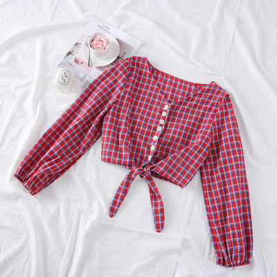 Új modell kockás női blúz, nyakkendővel és gombbal több színben