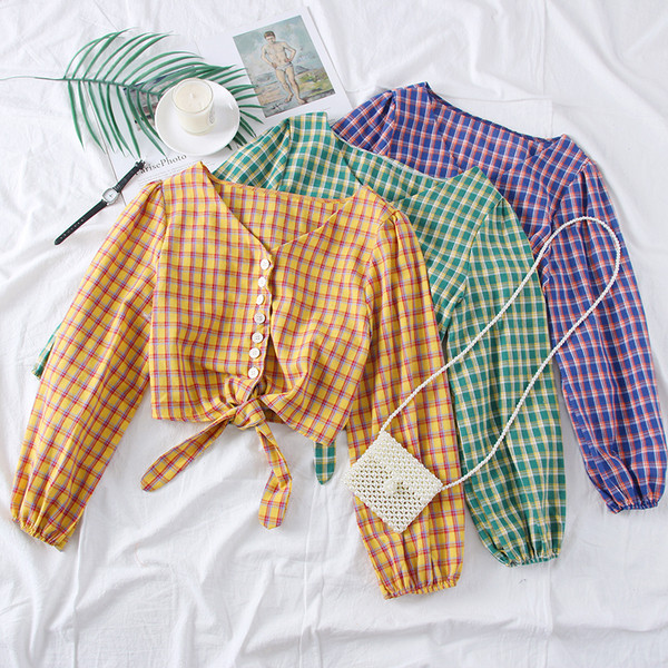 Új modell kockás női blúz, nyakkendővel és gombbal több színben