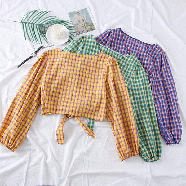 Új modell kockás női blúz, nyakkendővel és gombbal több színben